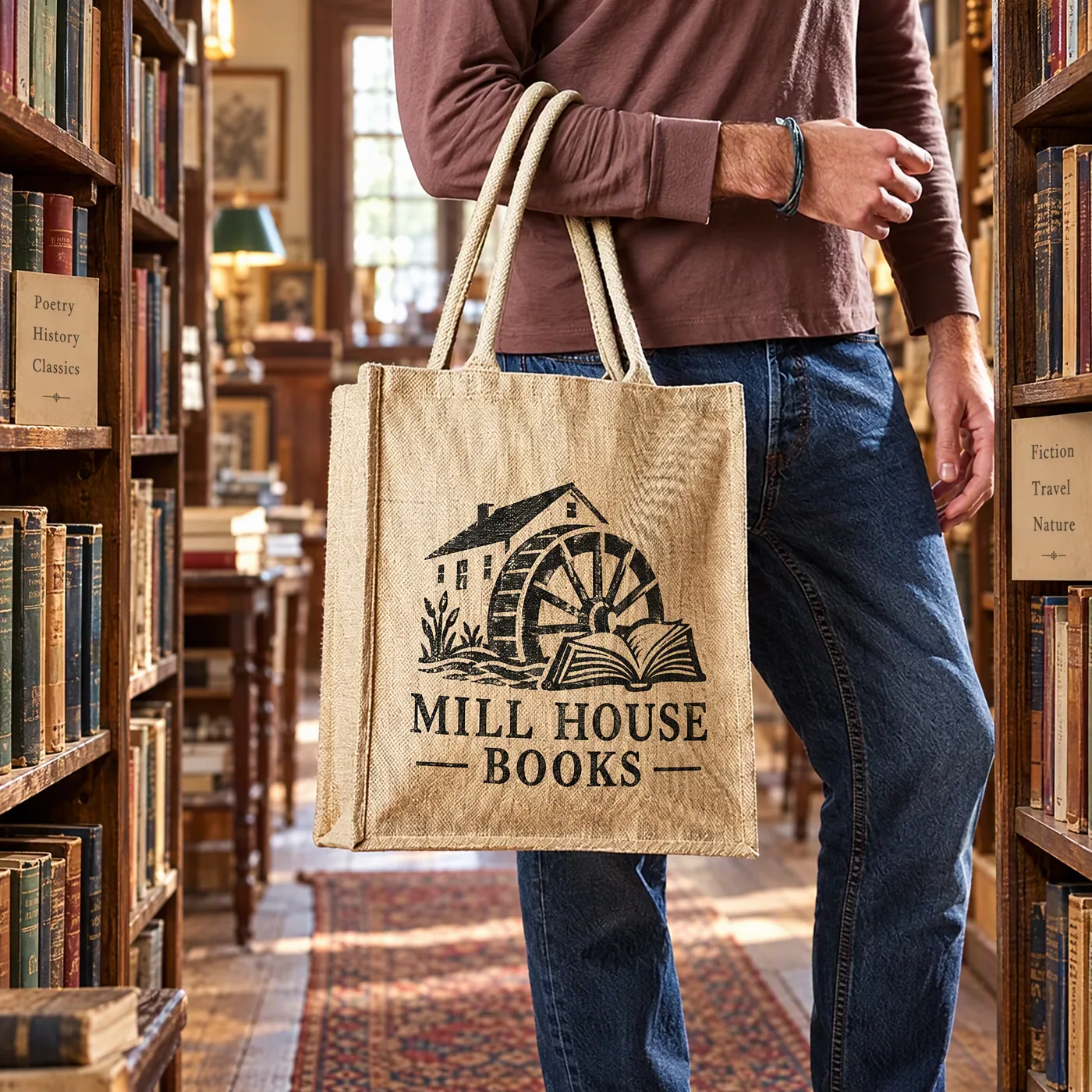 Jute shopping bag printed with a bookshop logo in black, carried between bookshelves