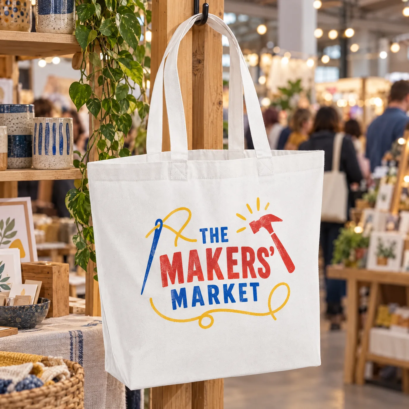 White cotton tote printed with a Makers' Market logo in red, blue and yellow, hanging at a craft market