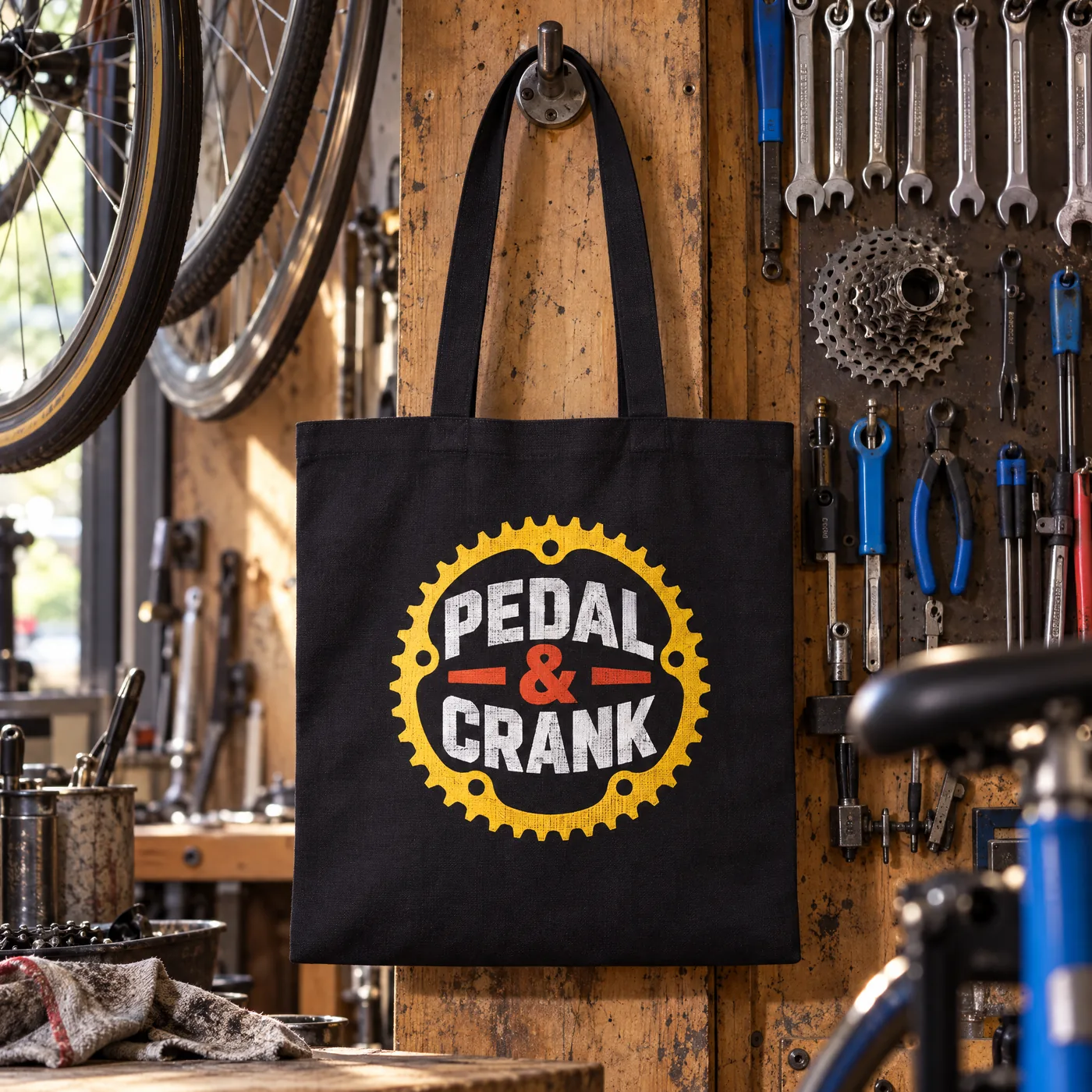 Black recycled cotton shopper printed with a bold Pedal & Crank cog logo, hanging in a bike workshop