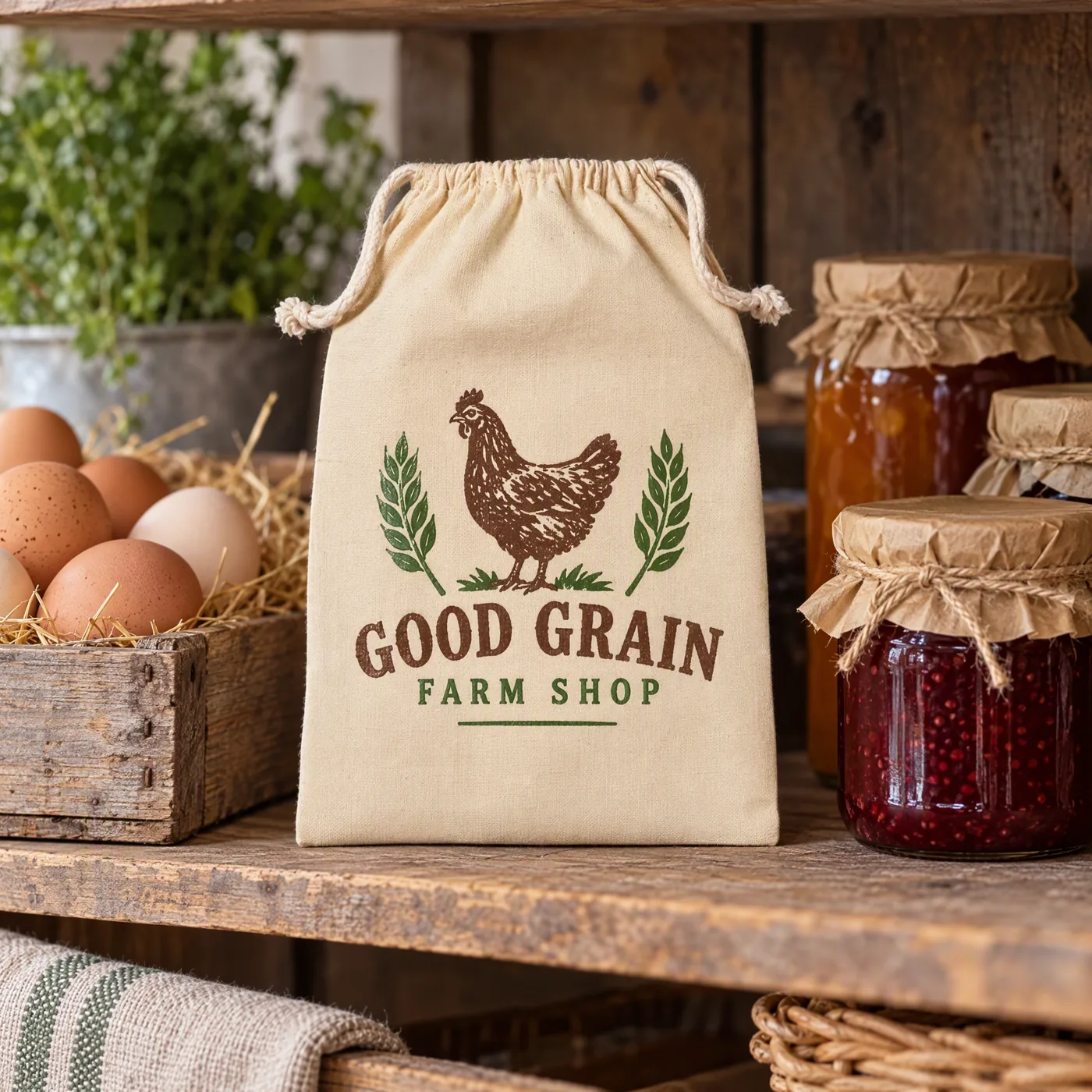 Natural cotton drawstring stuff bag printed with a farm shop logo, beside eggs and jars of jam