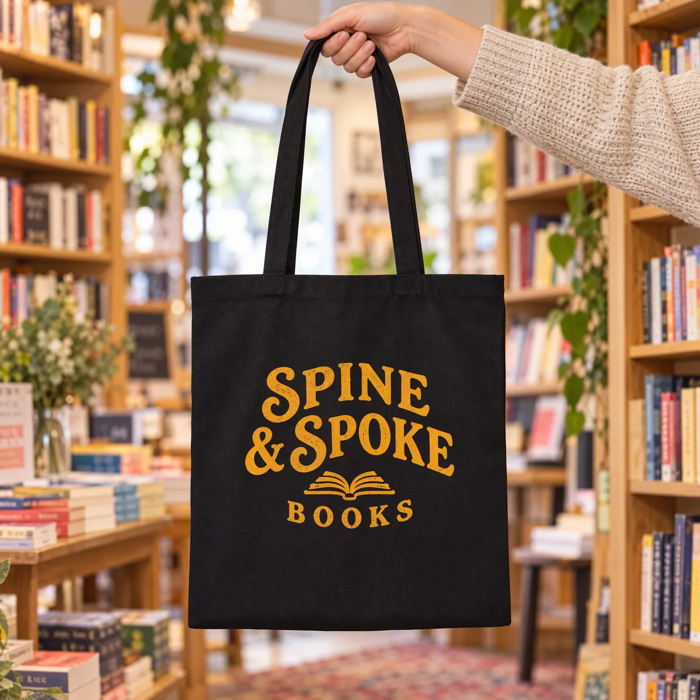Black recycled canvas shopper printed with a bookshop logo in yellow, held up in a bookshop