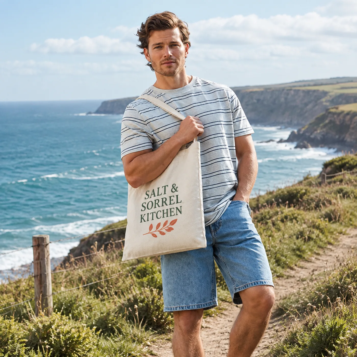 Man on a clifftop path carrying a natural cotton tote printed with a Salt & Sorrel Kitchen logo in green and rust
