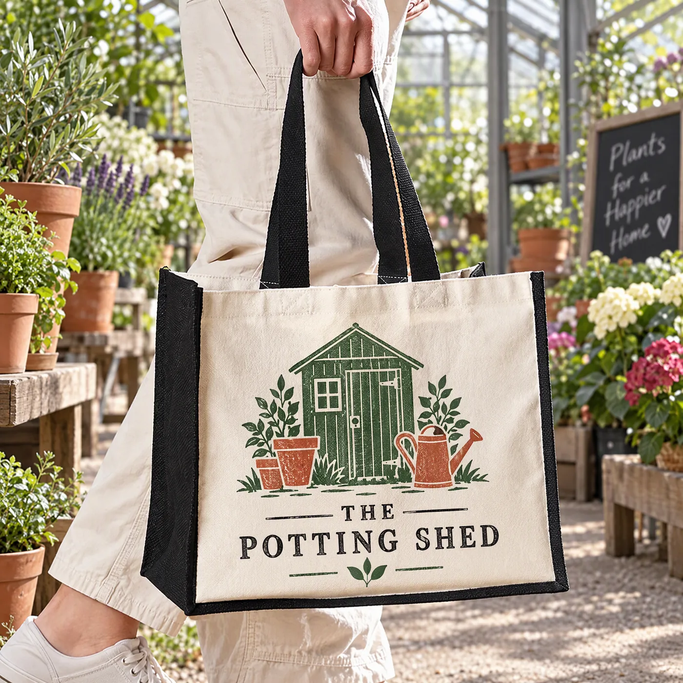 Jute and cotton canvas bag with black sides, printed with a garden shop logo in green