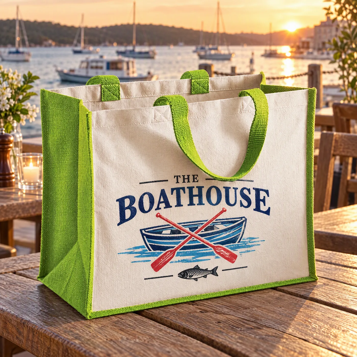 Natural jute bag with green handles and sides, printed with a navy, red and blue Boathouse logo, on a table by a harbour