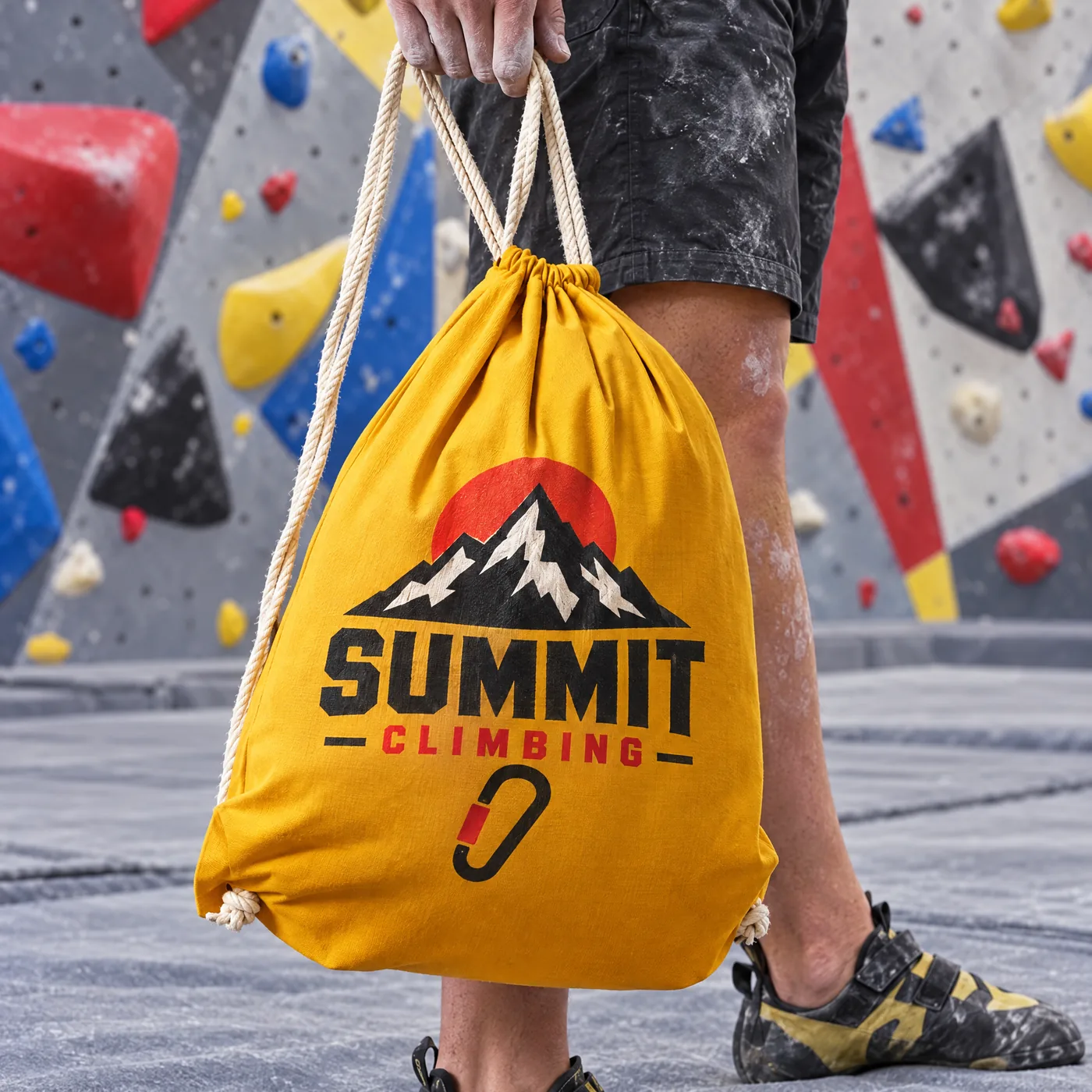 Yellow drawstring bag printed with a mountain and carabiner logo in black and red, beside a climbing wall