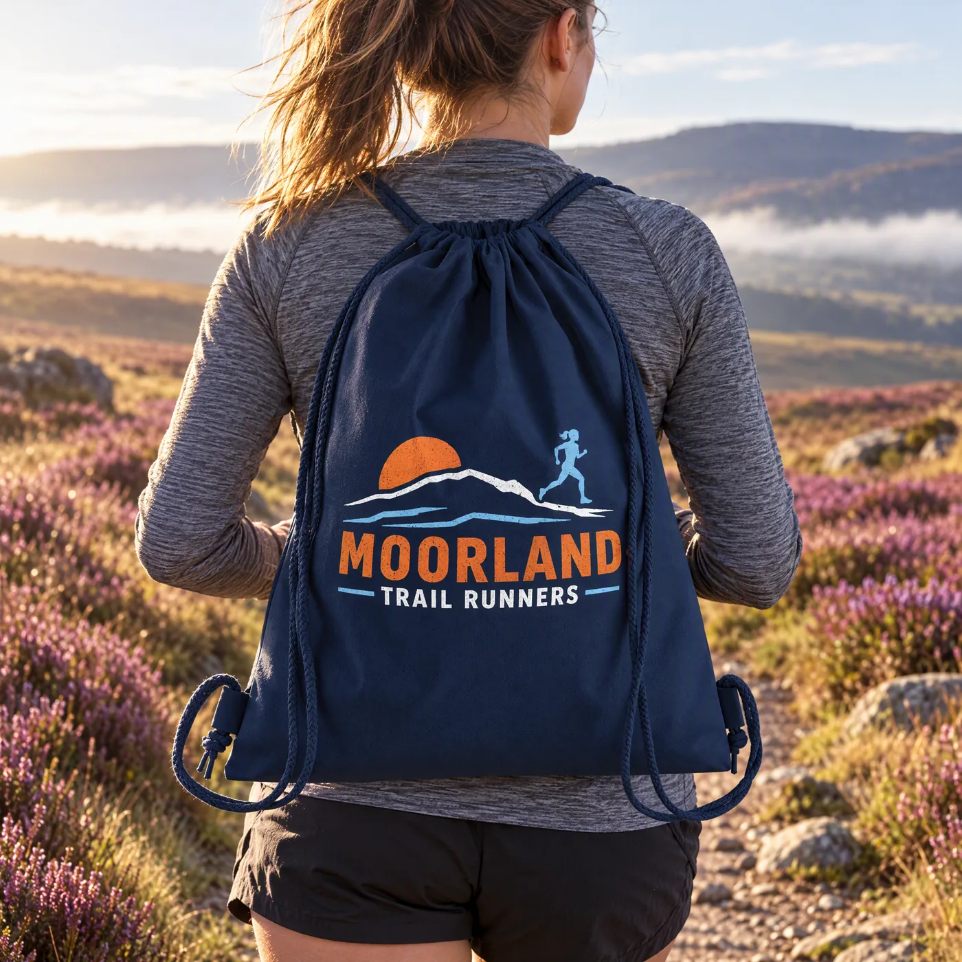 Runner on a moorland path wearing a navy drawstring bag printed with a sunrise and runner in orange, white and blue