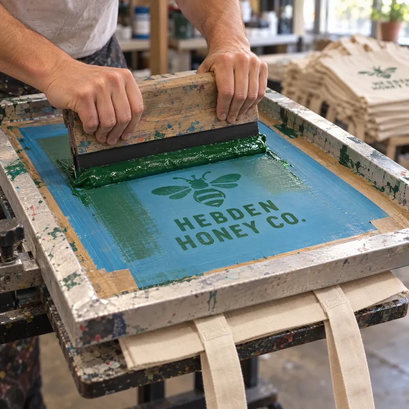 A squeegee pulling green ink across a screen to print a bee logo onto a natural cotton tote bag