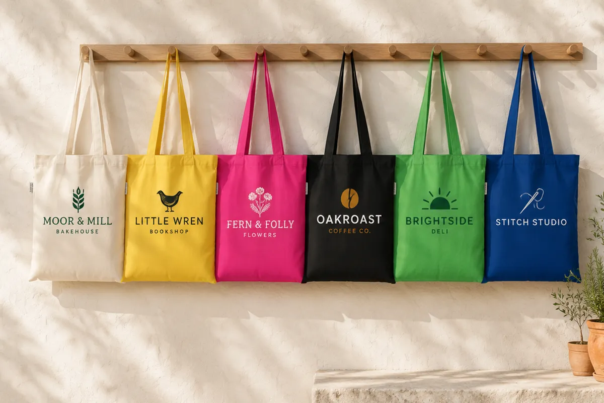 Six recycled cotton tote bags in natural, yellow, pink, black, green and blue hanging from a wooden peg rail, each printed with a different small business logo