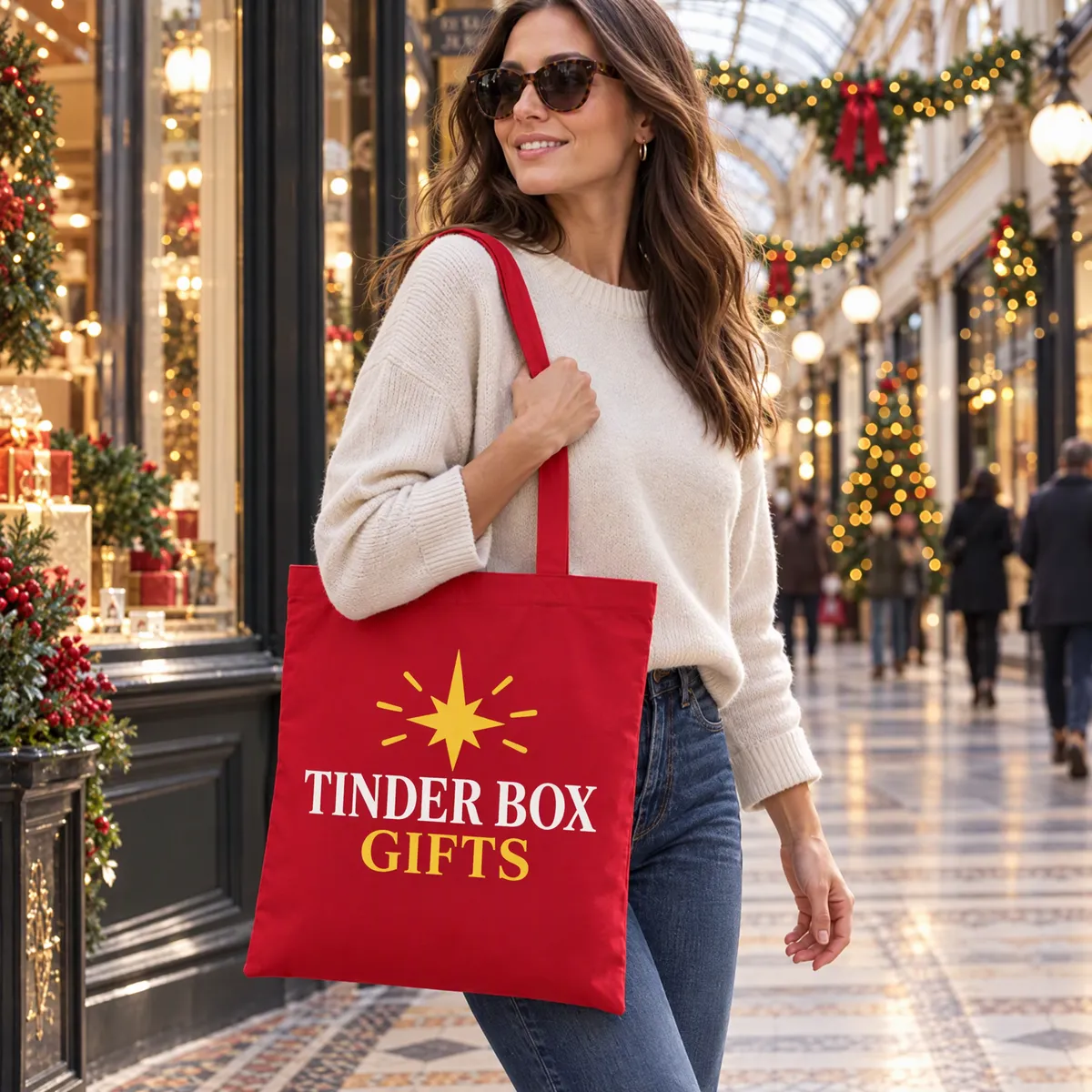 Red tote printed with a Tinder Box Gifts logo in white and yellow, carried through a Christmas arcade