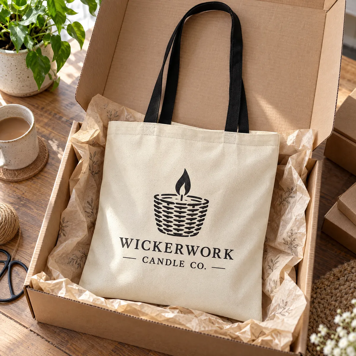 Natural cotton tote with black handles printed with a Wickerwork Candle Co. logo, folded inside a mailer box