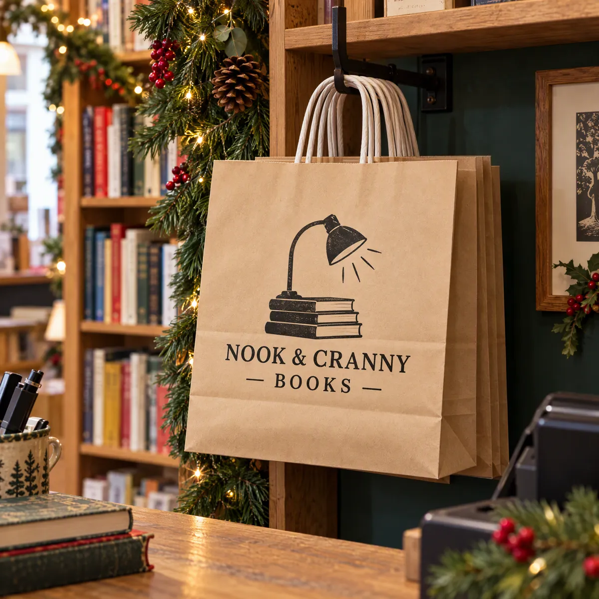 Kraft paper carrier bags printed with a black Nook & Cranny Books logo, hanging behind a bookshop till