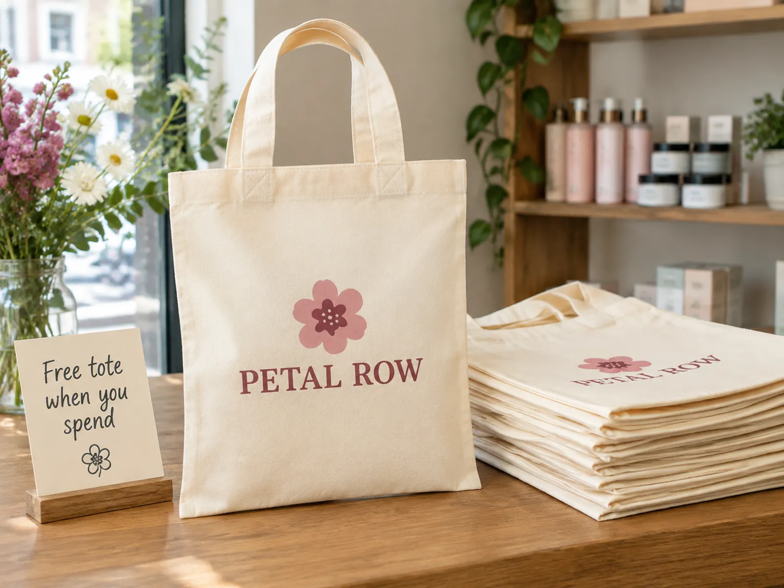 Natural mini cotton tote bags printed with a Petal Row logo, stacked by a free tote sign on a shop counter