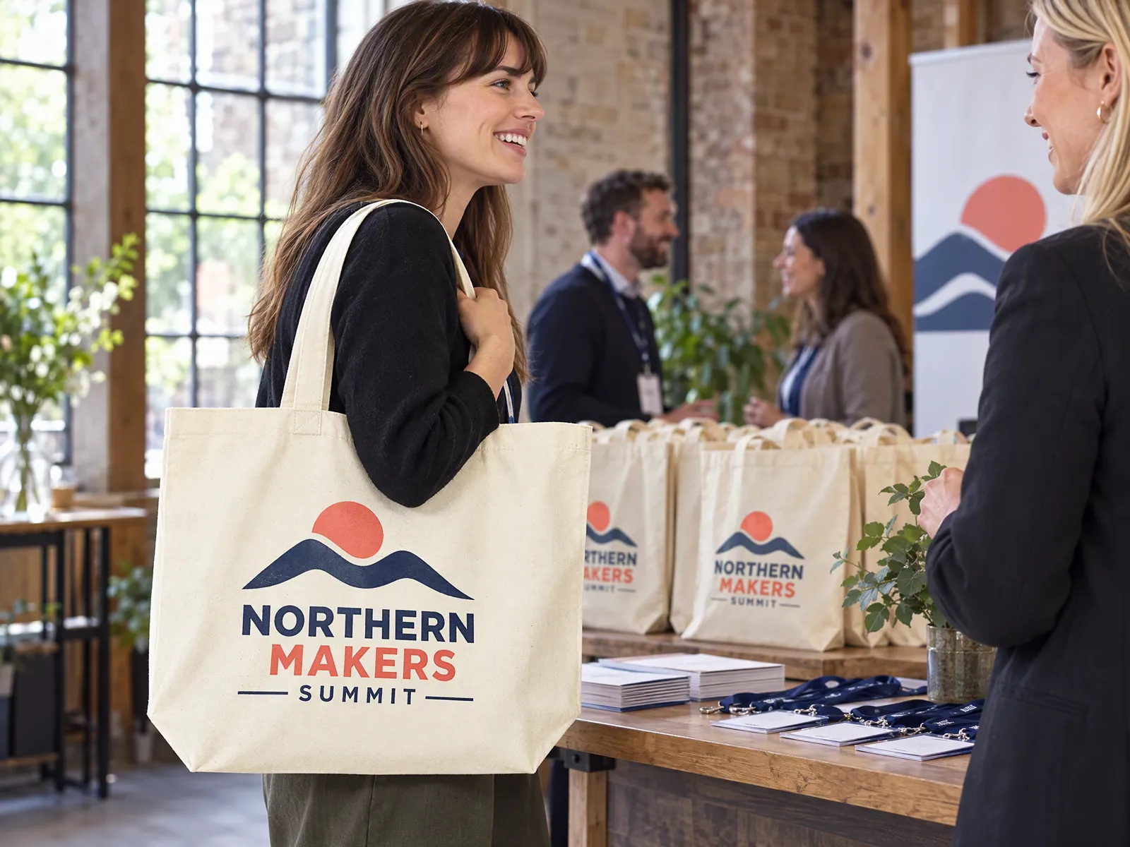 Conference delegates at a registration desk with natural tote bags printed with a navy and coral Northern Makers Summit logo