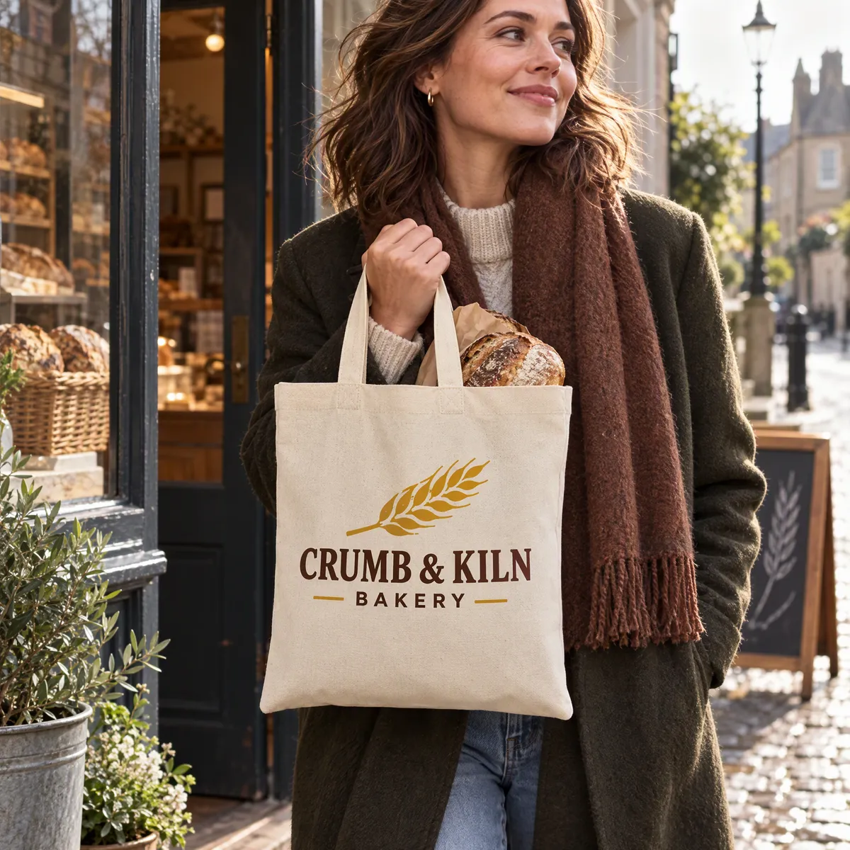 Natural mini cotton shopper printed with a Crumb & Kiln Bakery logo, holding a loaf on a cobbled street
