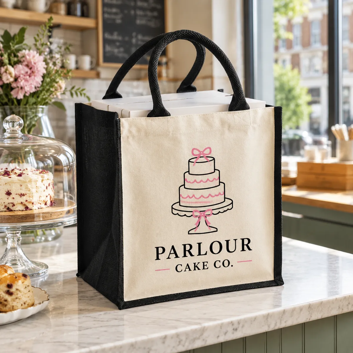Midi jute bag printed with a Parlour Cake Co. logo, with a cake box inside, on a café counter