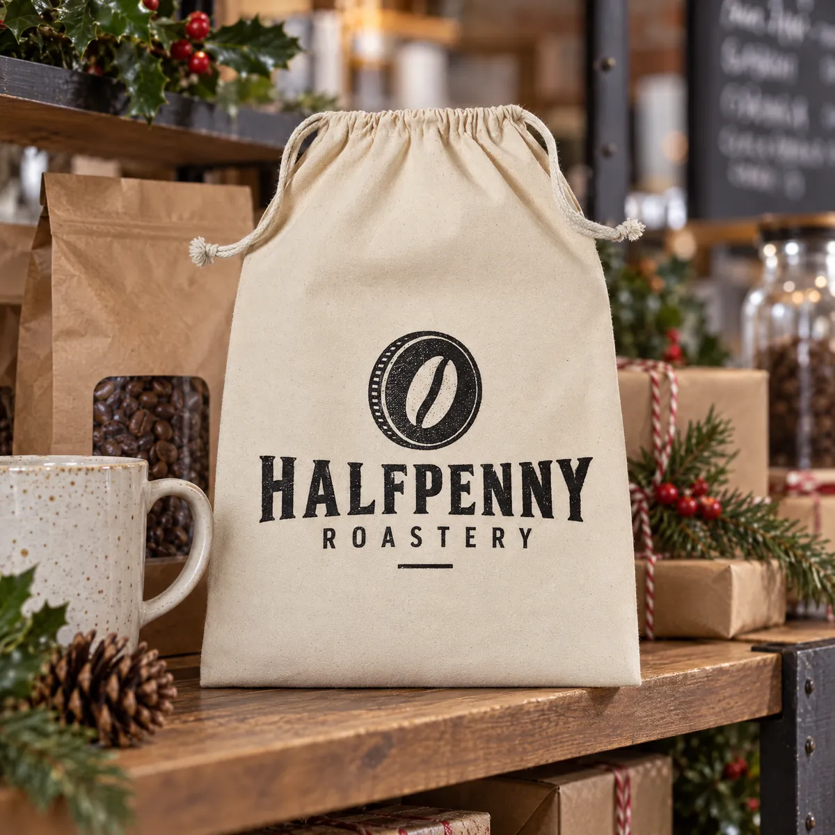 Small natural drawstring bag printed with a Halfpenny Roastery logo, holding a coffee gift set on a café shelf