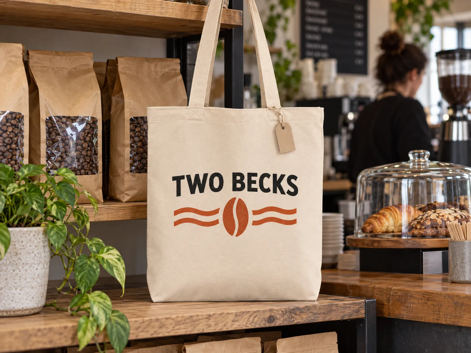 Natural canvas totes printed with a Two Becks Coffee Roasters logo, on a shelf beside bags of coffee by a café till