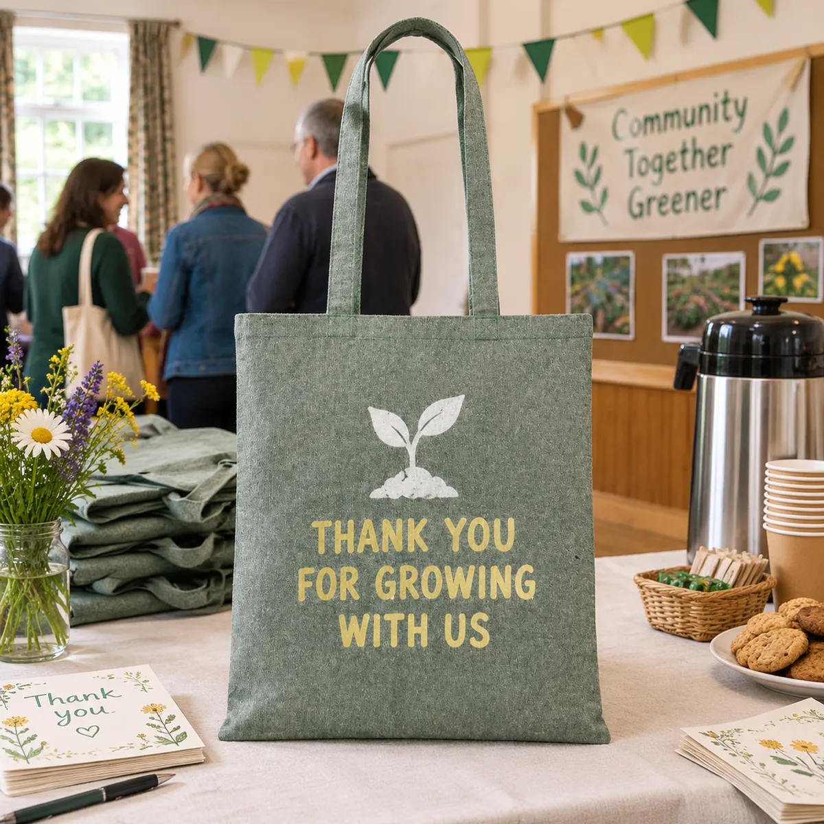 Green marl recycled cotton totes printed with a thank-you message from a gardening charity, set out on a table