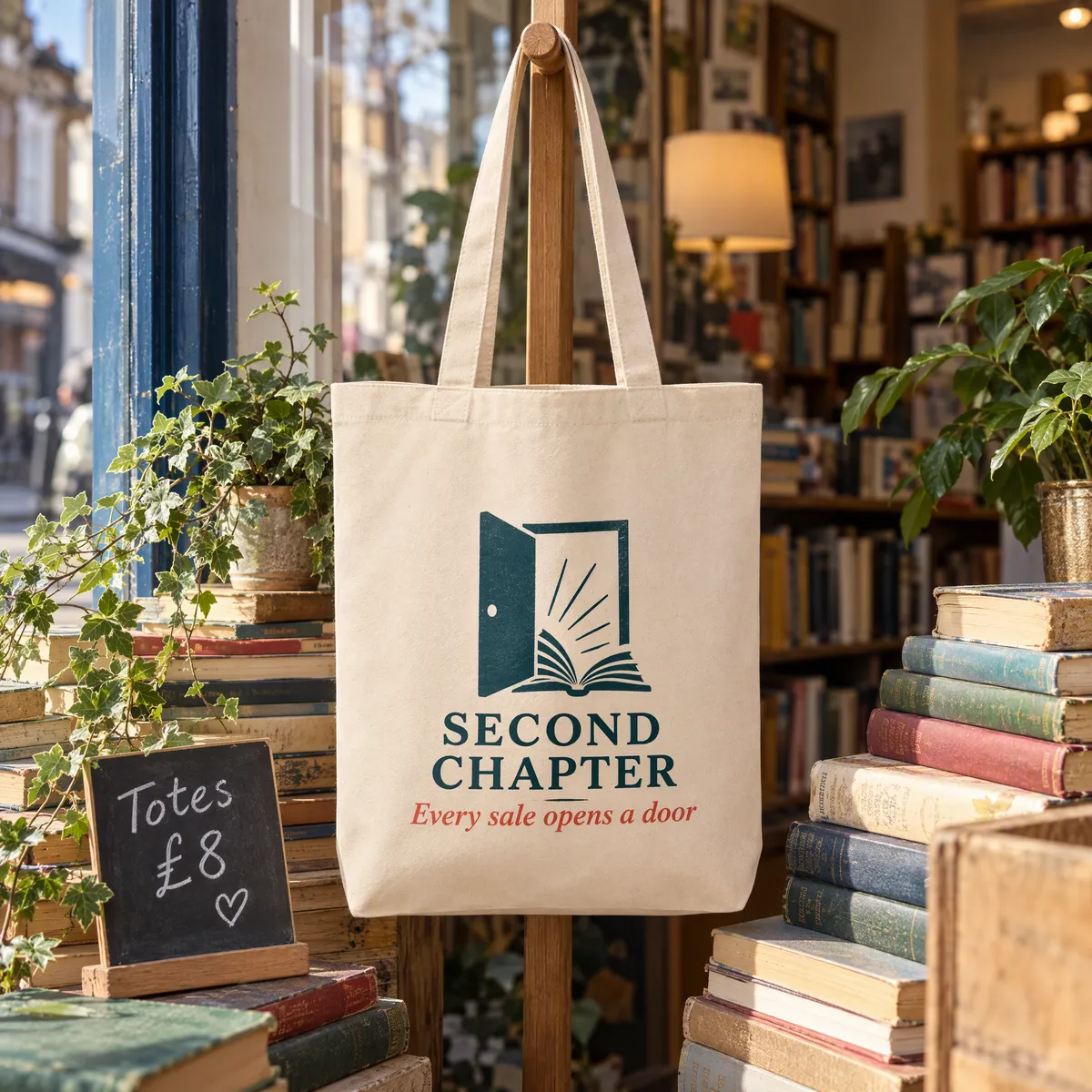 Natural recycled canvas tote printed with a charity bookshop logo, displayed in a bookshop window