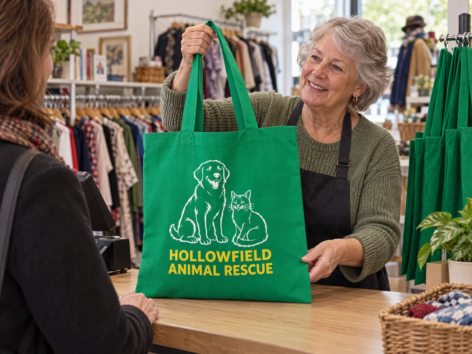 Kelly green tote bags printed with an animal rescue charity logo, sold at a charity shop till