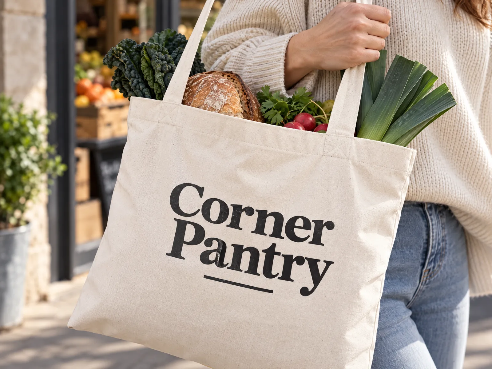 Close-up of a natural recycled tote bag printed with a Corner Pantry logo, full of groceries