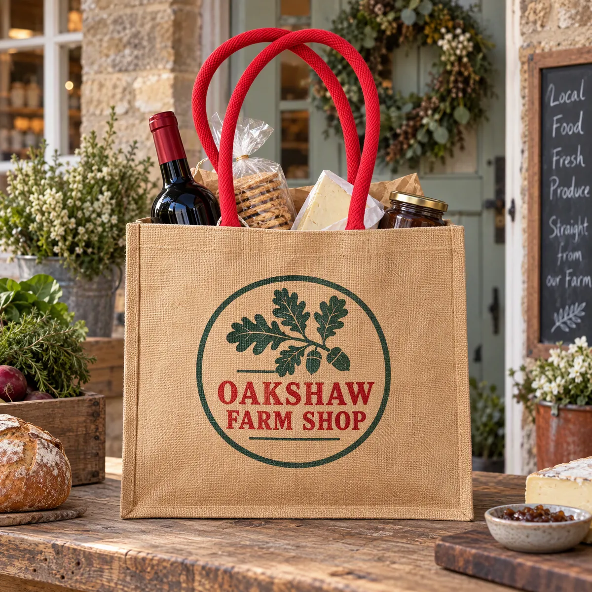 Natural jute bag with red handles, printed with a farm shop logo, packed as a Christmas hamper