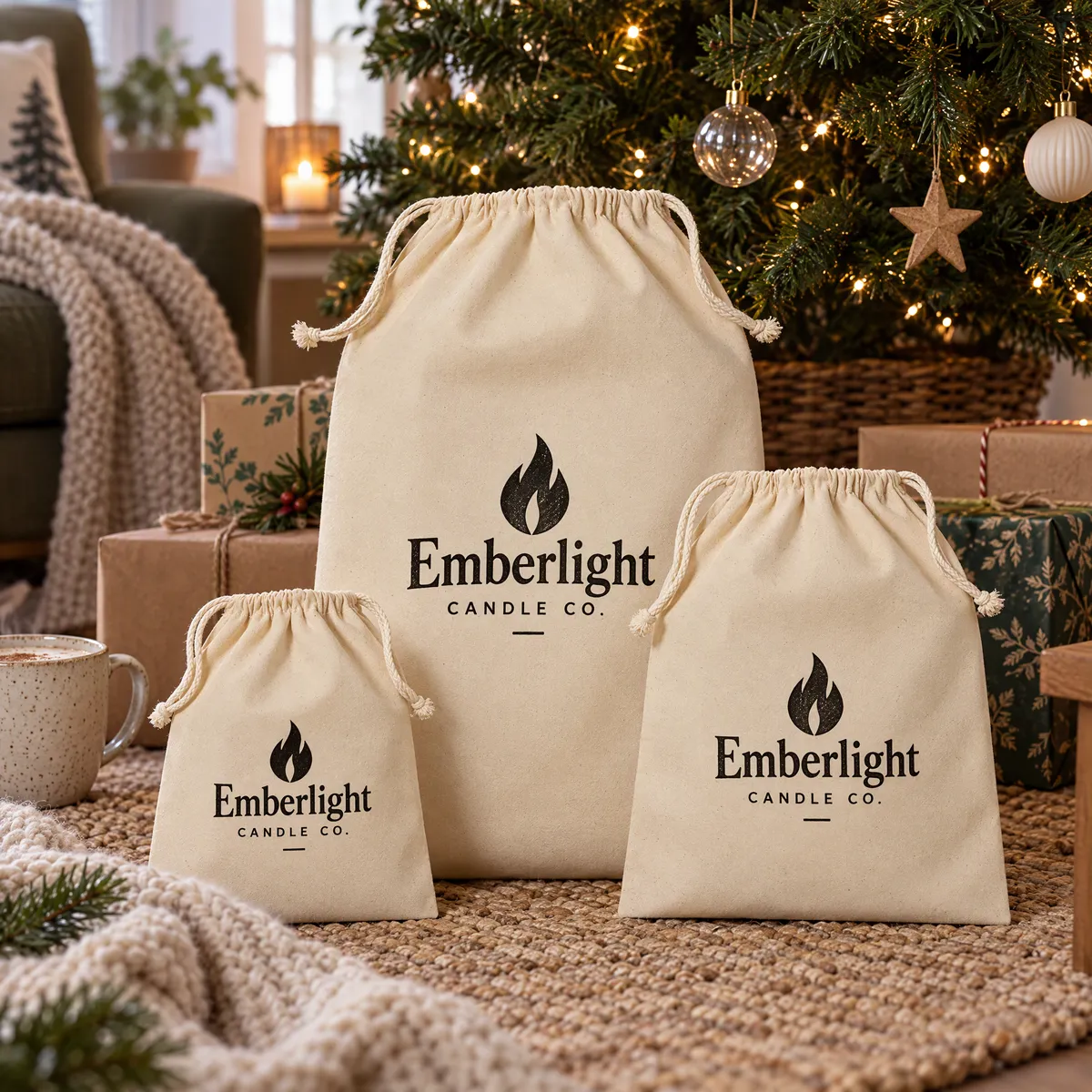 Natural cotton drawstring bags in three sizes, printed with a candle maker's logo, used as gift wrap under a Christmas tree