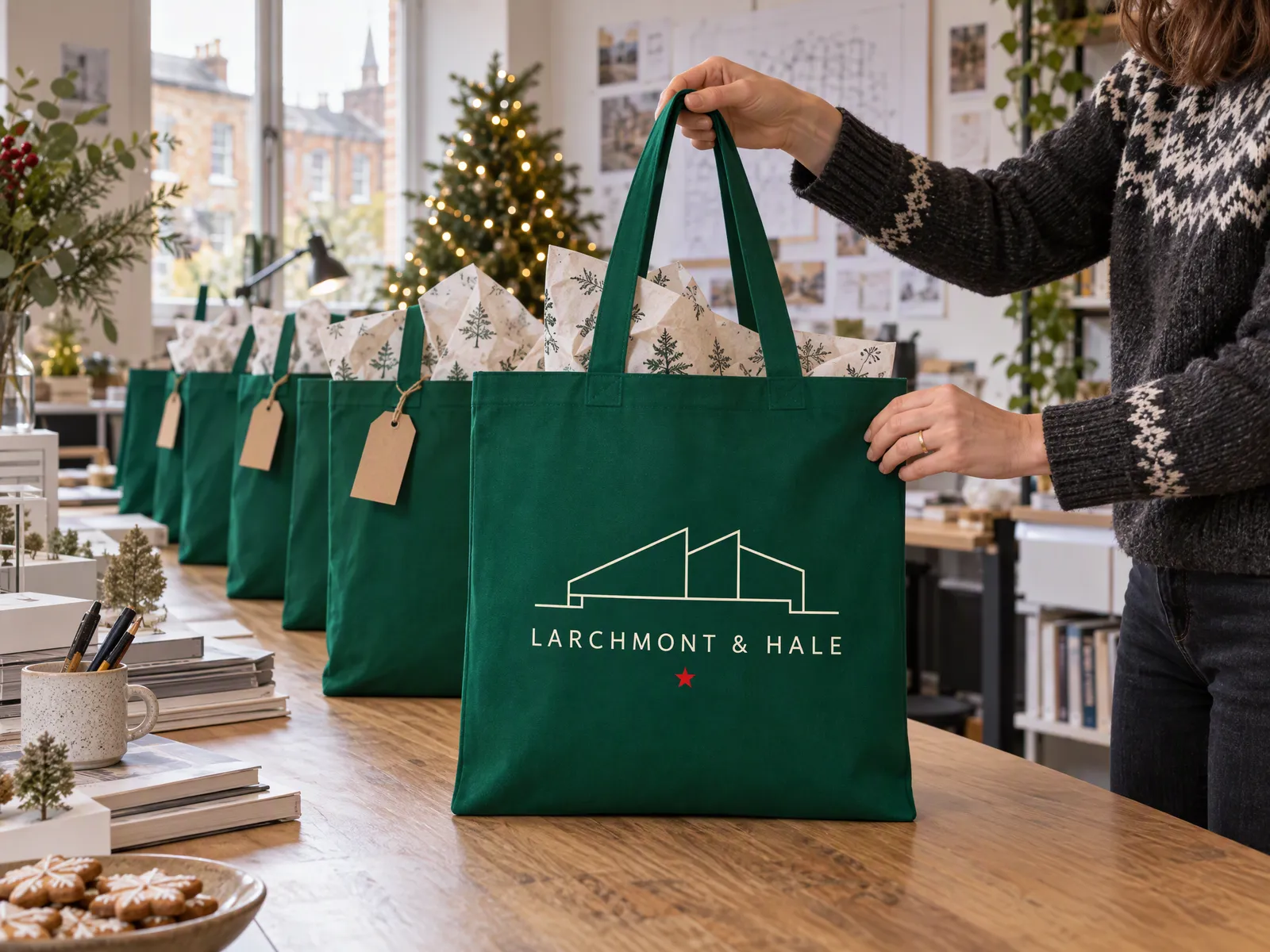 Bottle green cotton shoppers printed with an architects' logo, lined up on an office desk as staff Christmas gifts