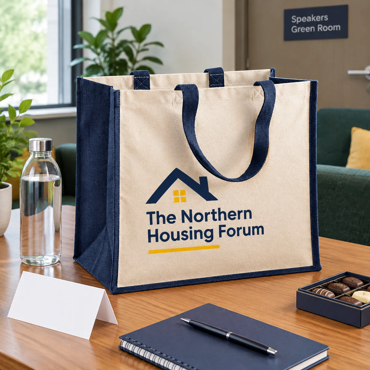 Jute and cotton canvas bag with navy sides, printed with a conference logo, set out as a speaker gift