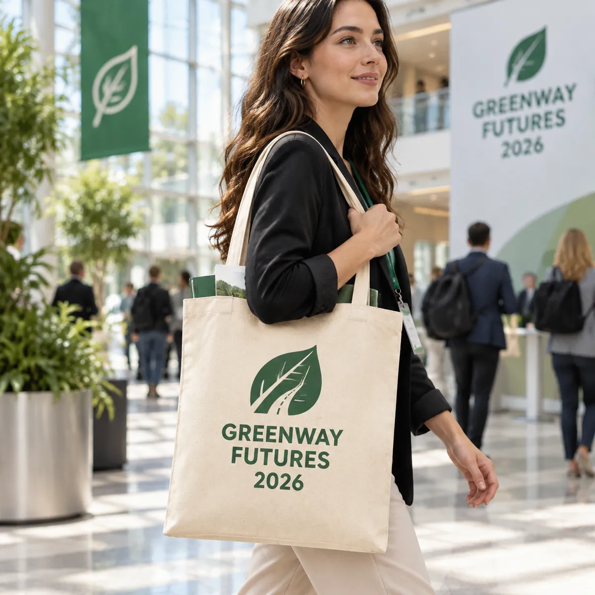 Delegate carrying a natural recycled canvas tote printed with a green conference logo through a conference centre