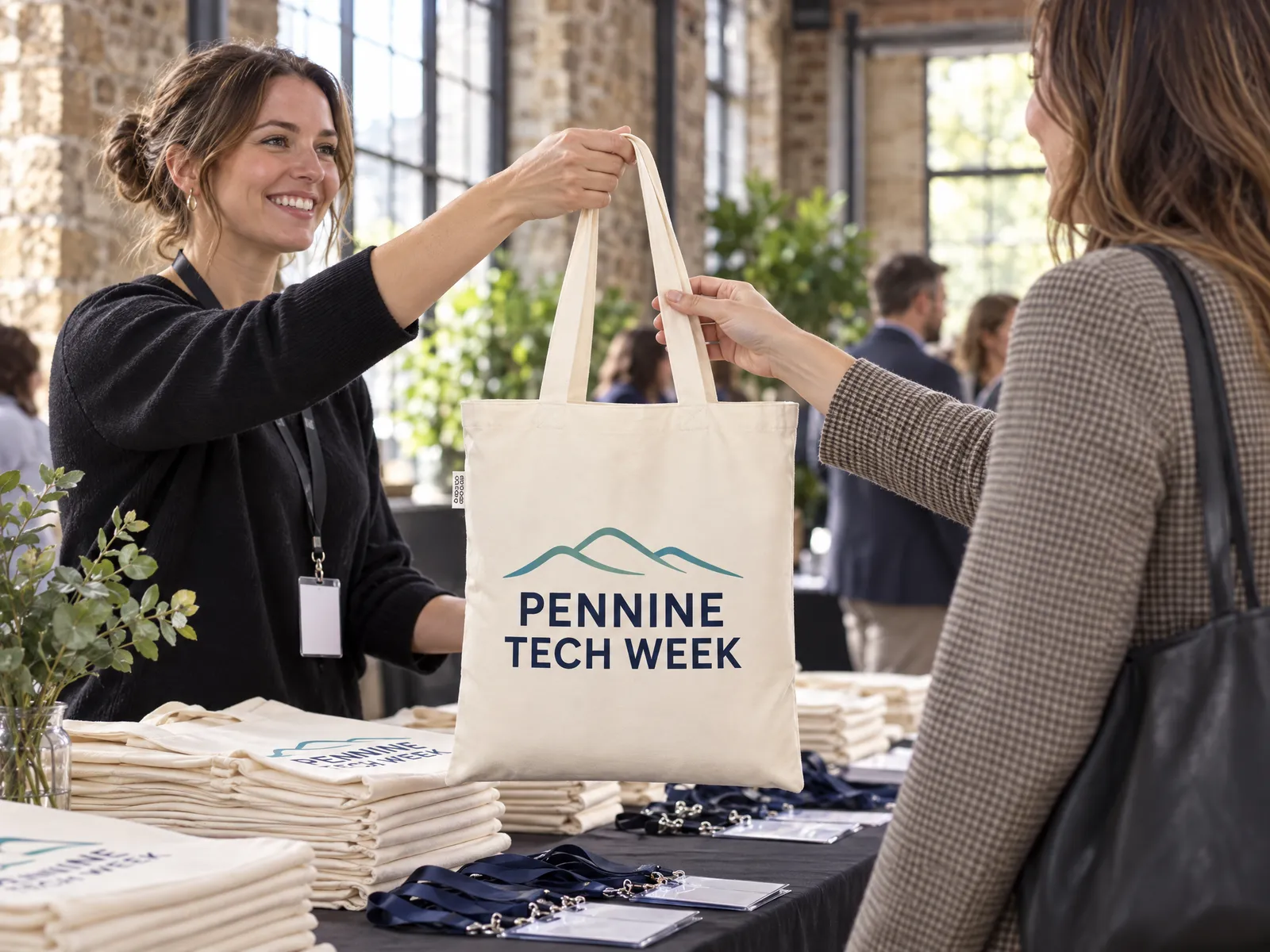 Natural cotton delegate bags printed with a conference logo, stacked on a registration desk as a delegate collects one