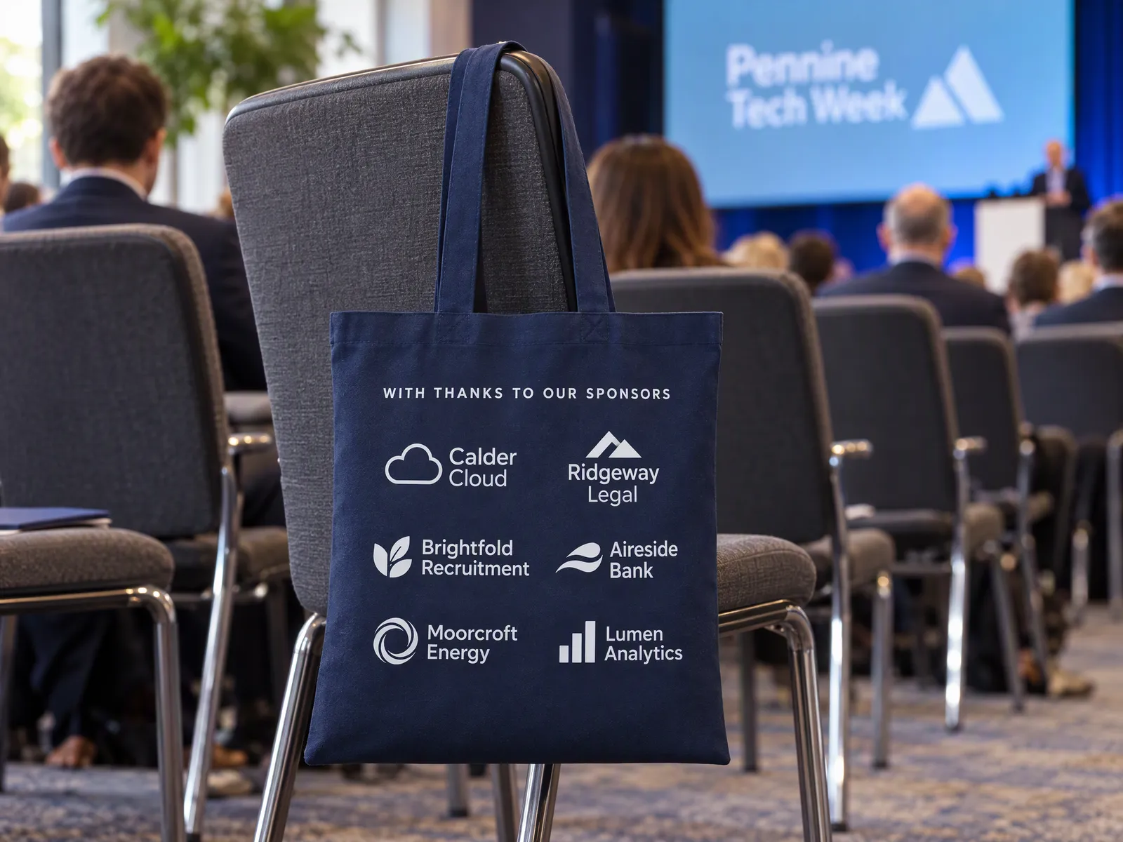 Back of a navy cotton delegate bag printed with a grid of sponsor logos in white, hanging on a chair in a conference hall