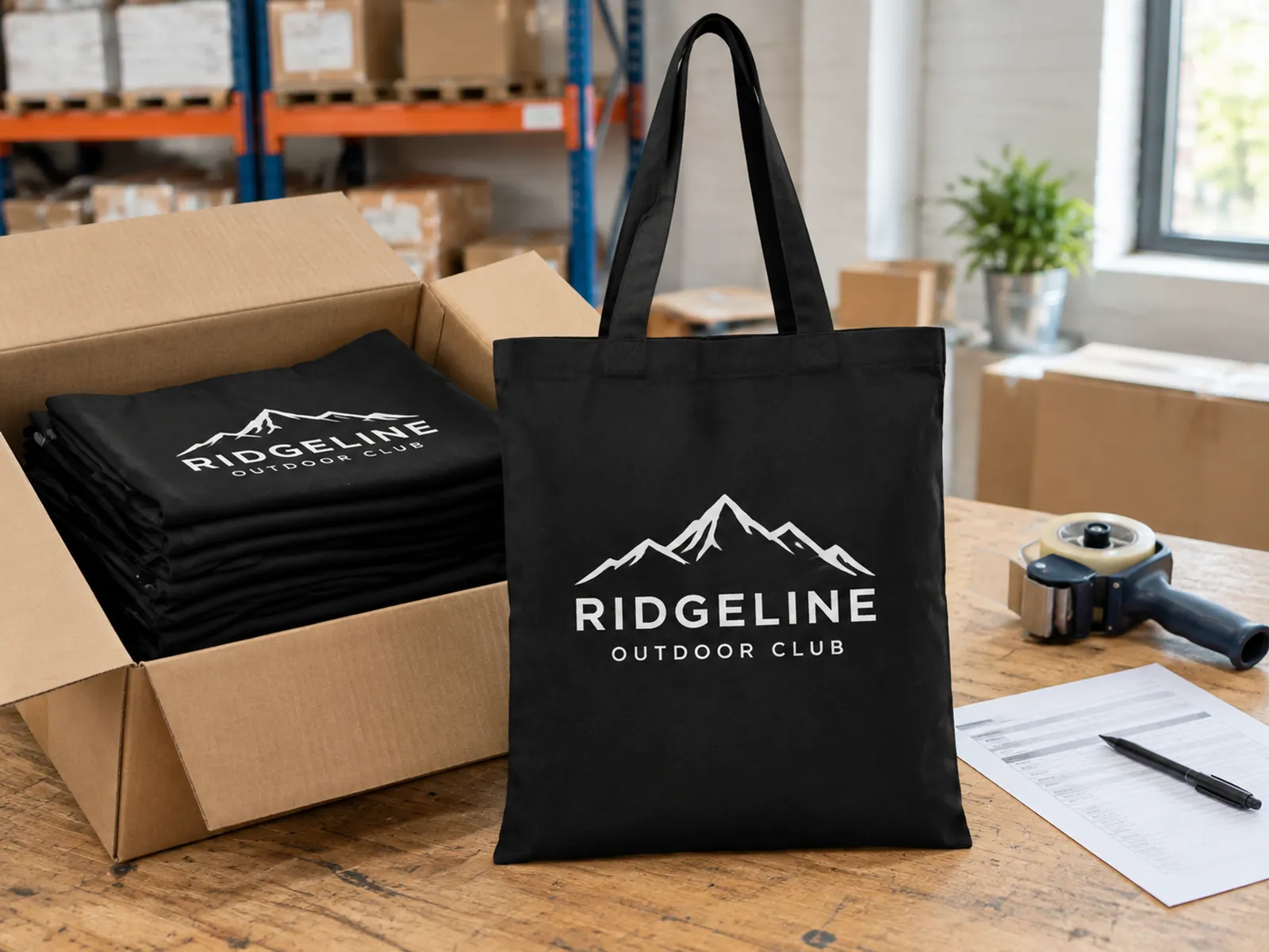 Stack of black recycled totes printed with a white Ridgeline Outdoor Club logo, packed in a carton ready to send