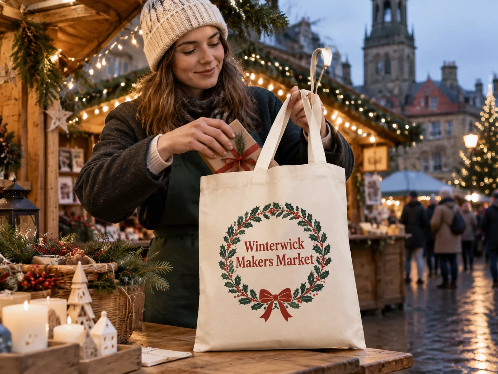 Stallholder at a Christmas market packing a gift into a natural canvas tote printed with a red and green Winterwick Makers Market logo
