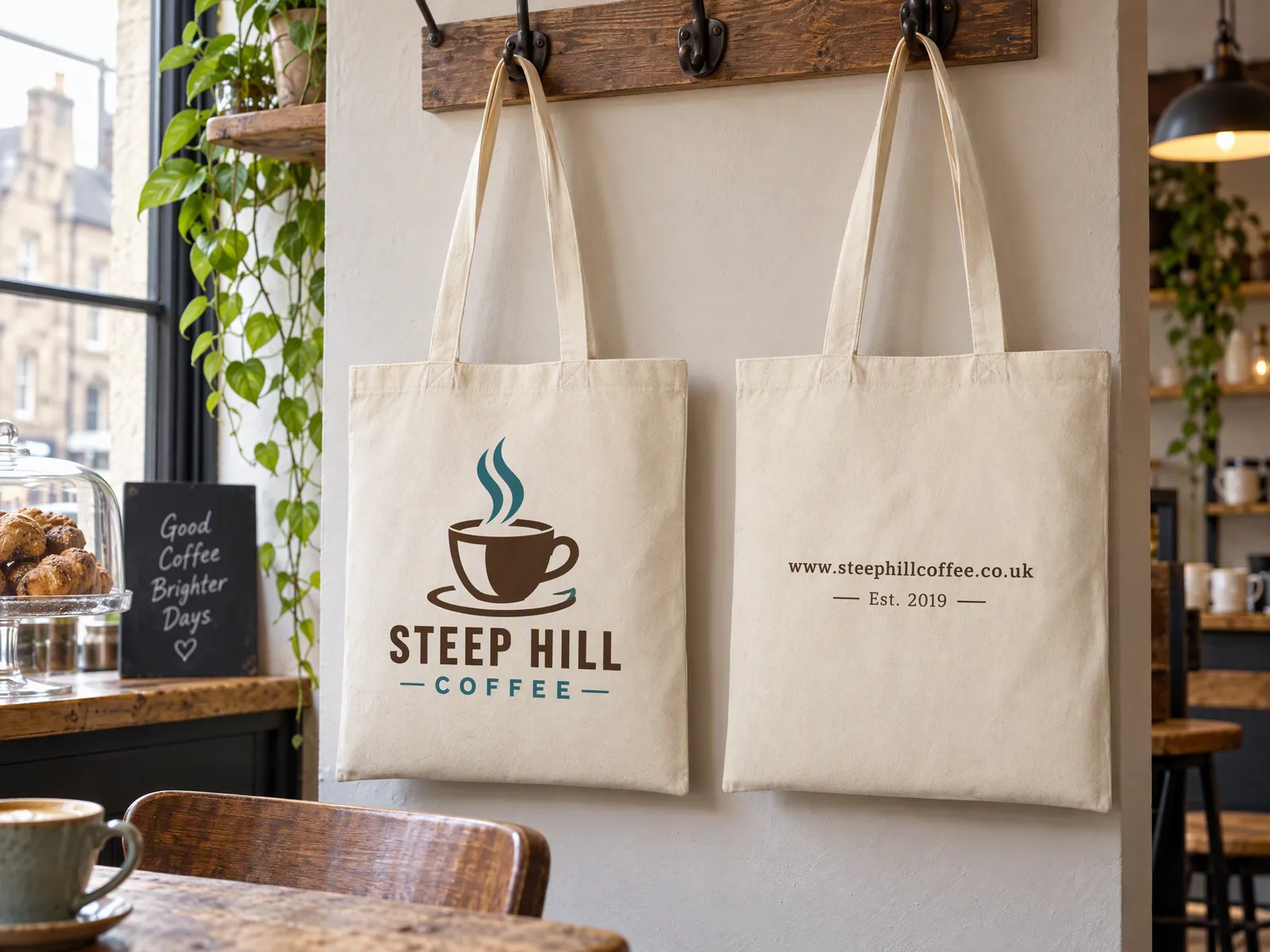 Two natural shoppers on café hooks, one showing the Steep Hill Coffee logo and the other the web address printed on the back