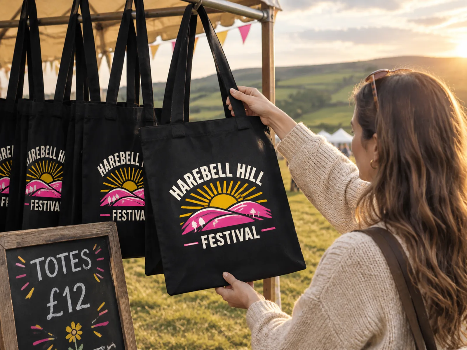 Black canvas totes printed with a three-colour Harebell Hill Festival design, hanging on a rail in a festival merch tent
