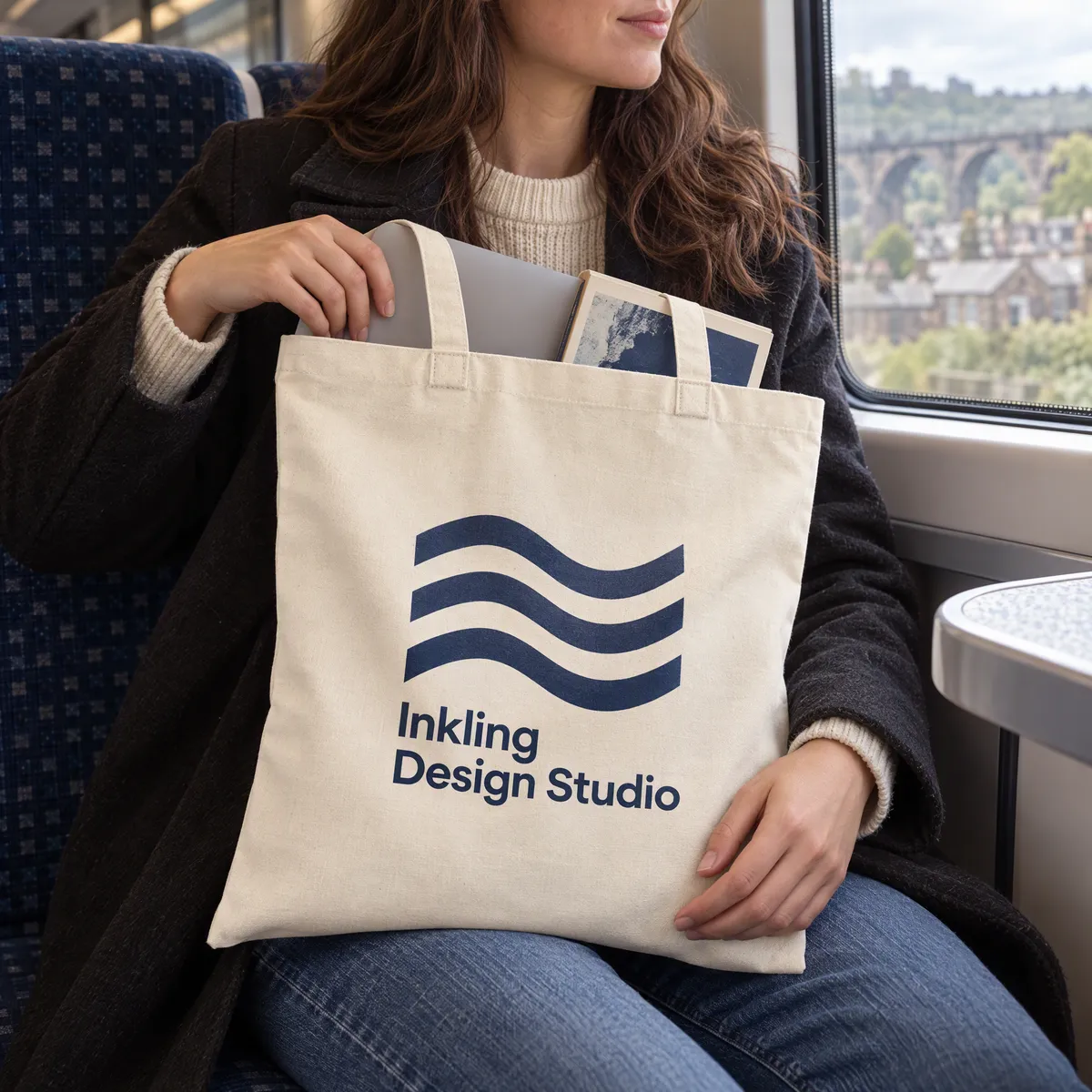 Commuter on a train with a printed natural organic cotton tote on her lap