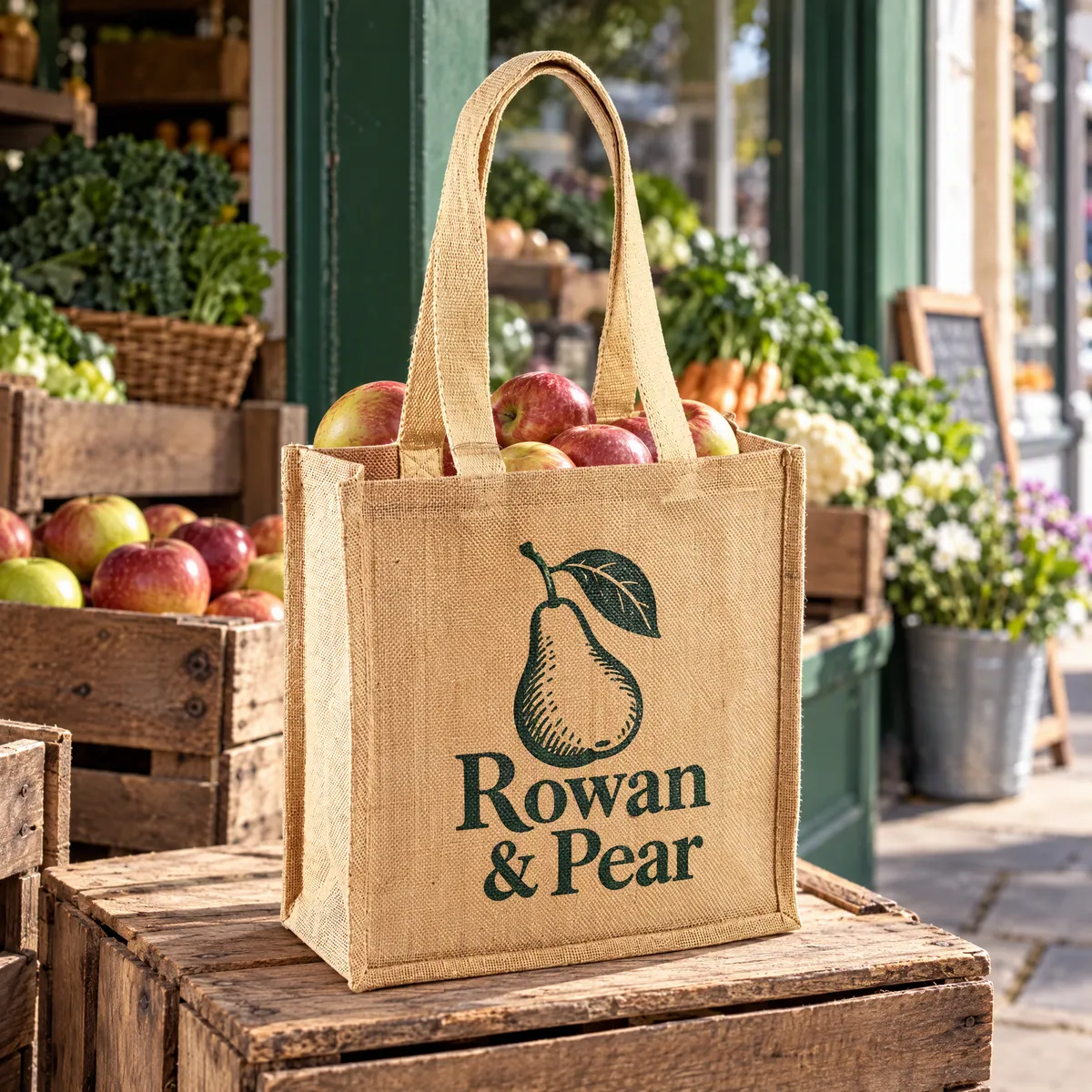 Printed jute bag of apples on a crate outside a greengrocer