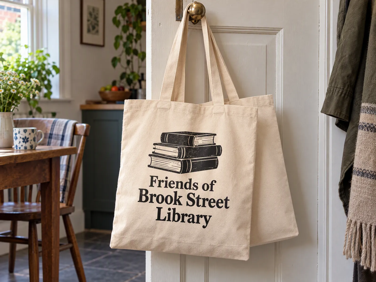 Old and new printed tote bags hanging on a kitchen door