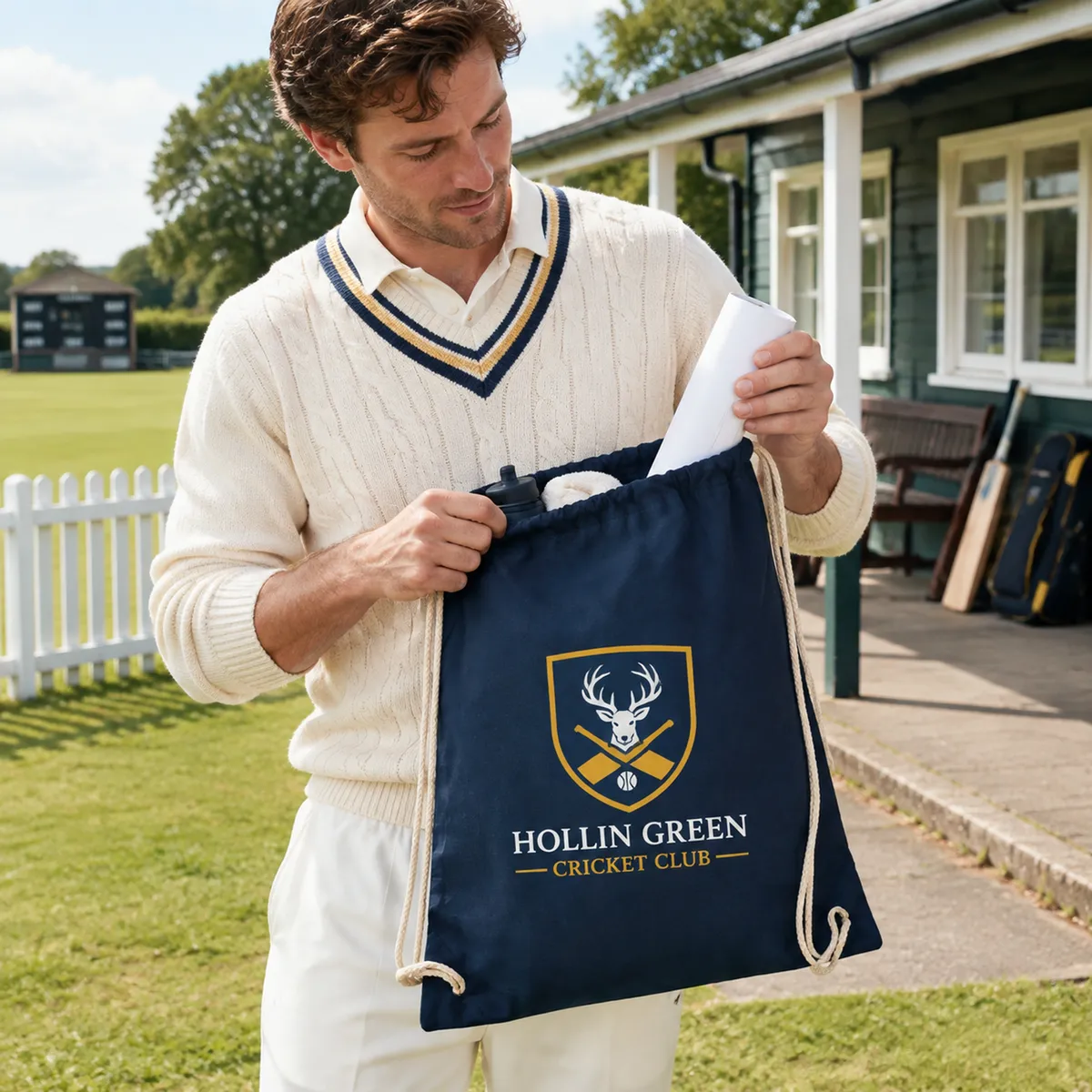 Coach holding a navy printed drawstring bag with a poster and kit inside beside a cricket pavilion