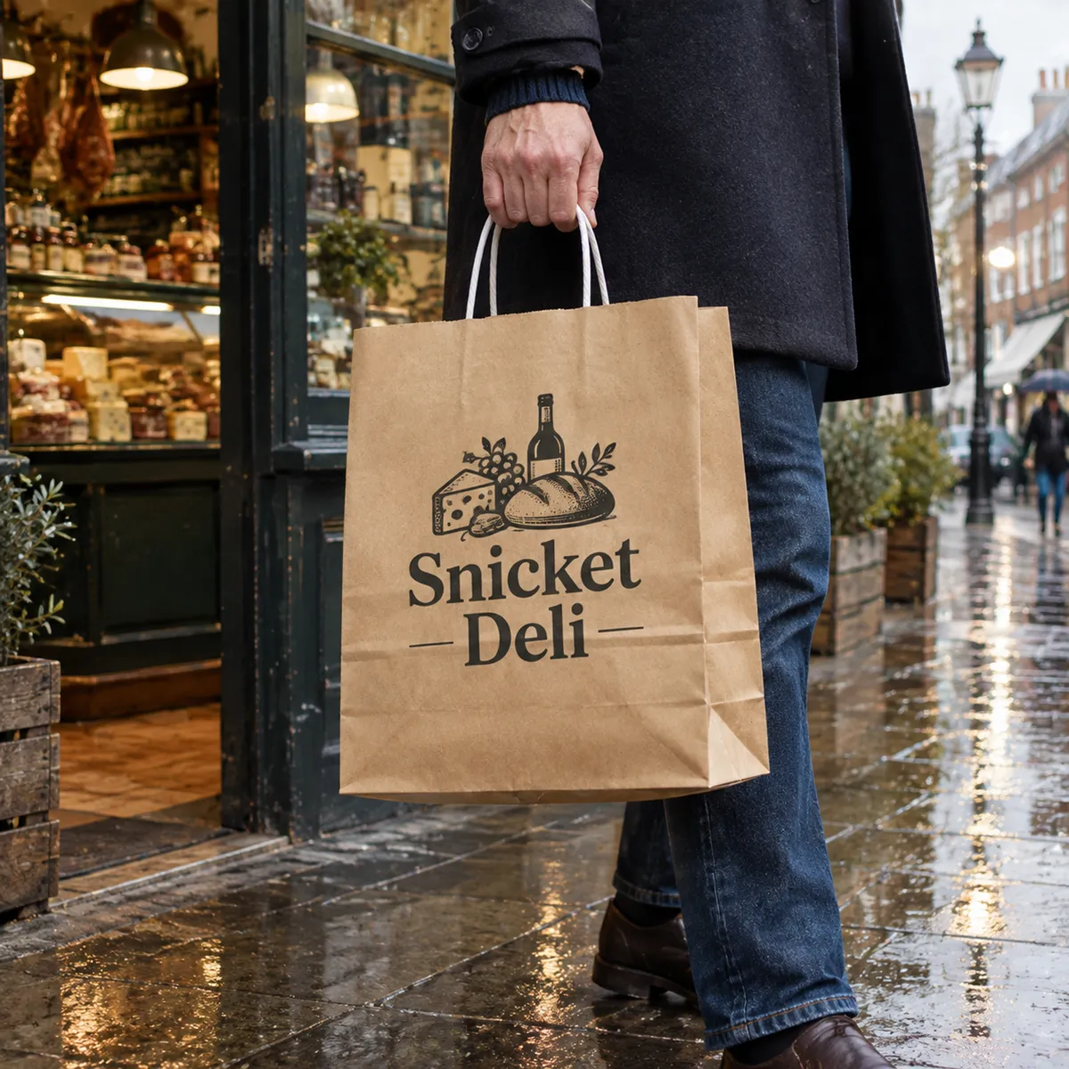 Customer leaving a deli with a printed kraft paper bag