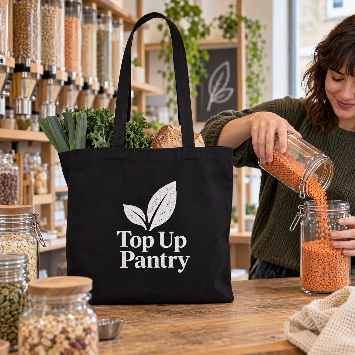 Customer unpacking jars from a black printed canvas shopper at a refill shop