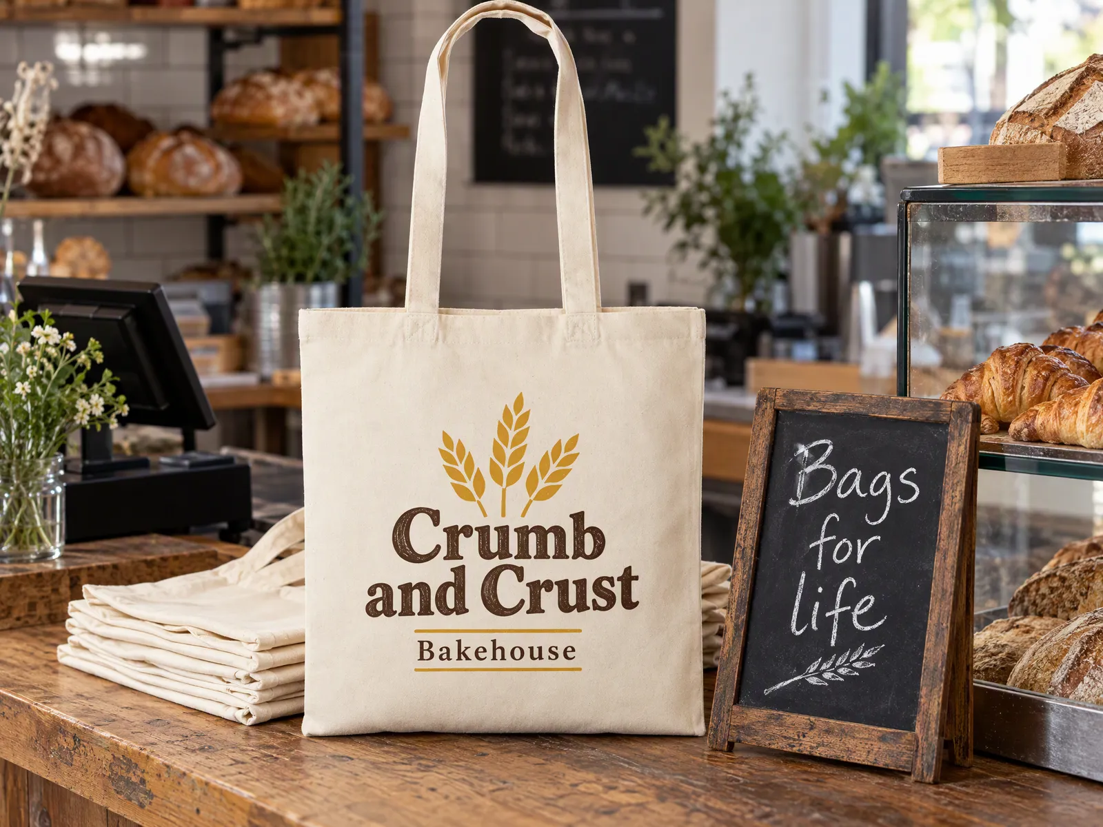 Printed cotton shoppers for sale beside a bakery till with a chalk sign