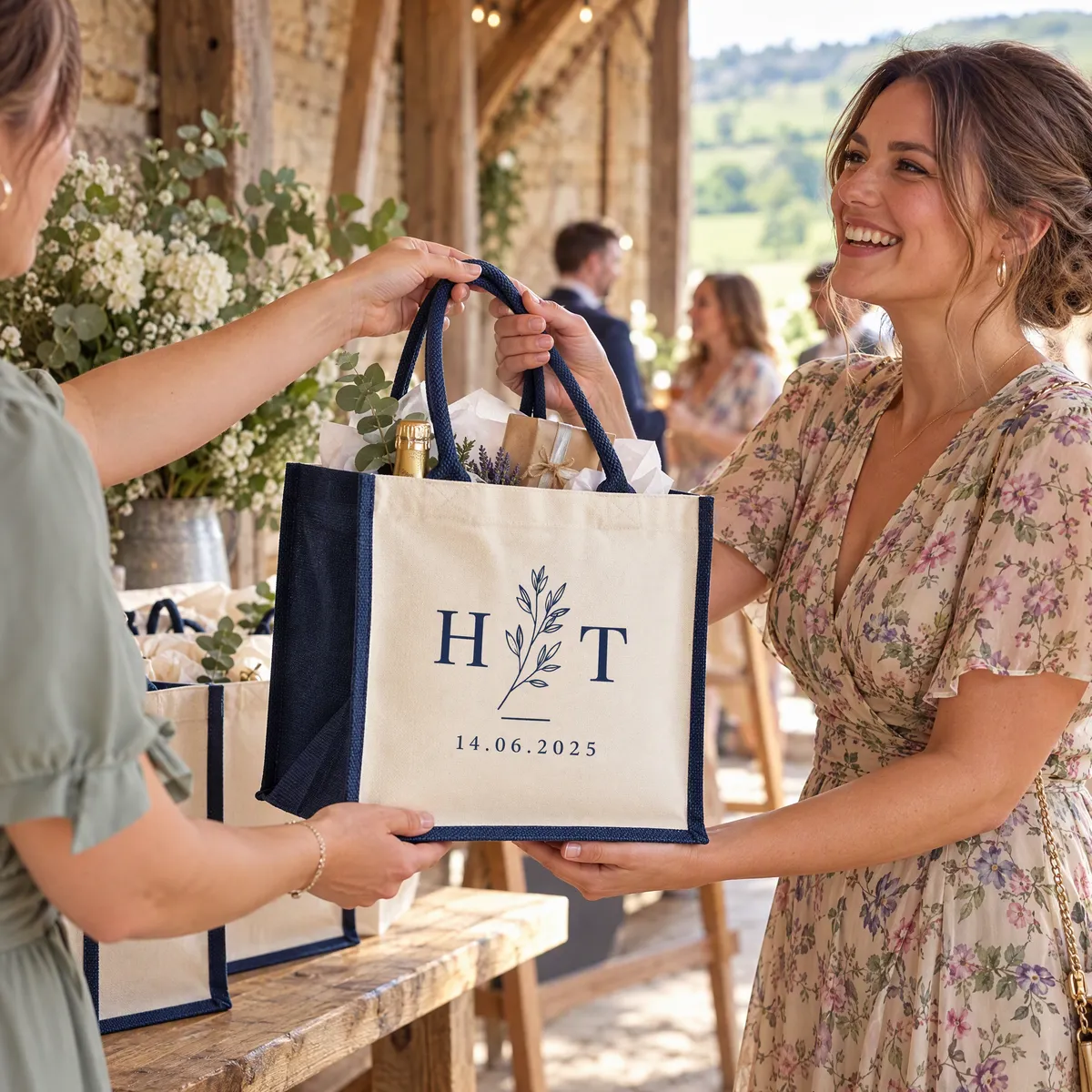 Wedding guest holding a small jute bag printed with the couple's initials and date