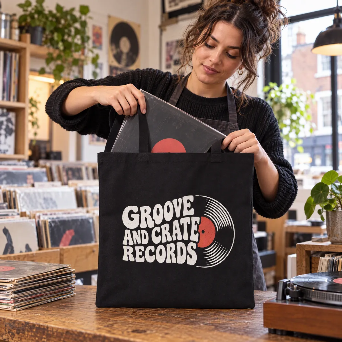 Record shop owner packing vinyl into a black printed canvas tote