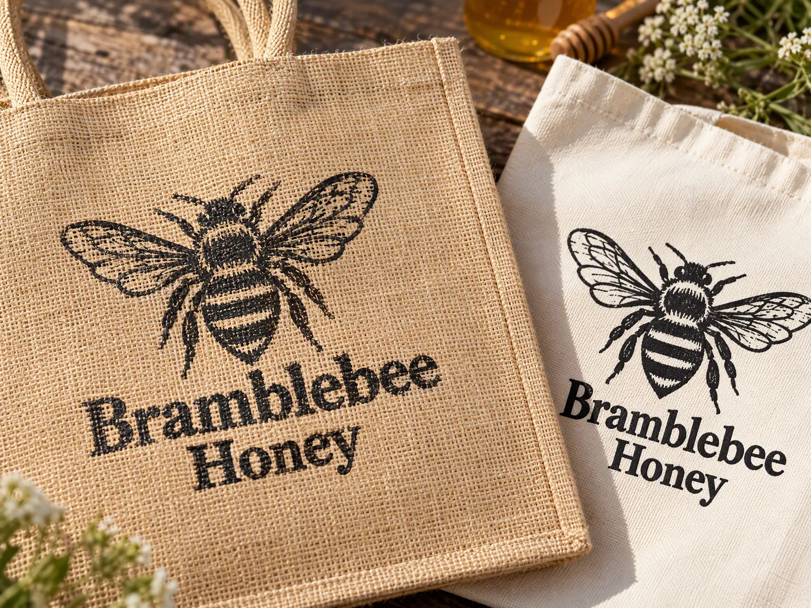 Close-up of the same print on coarse jute and on smooth cotton canvas