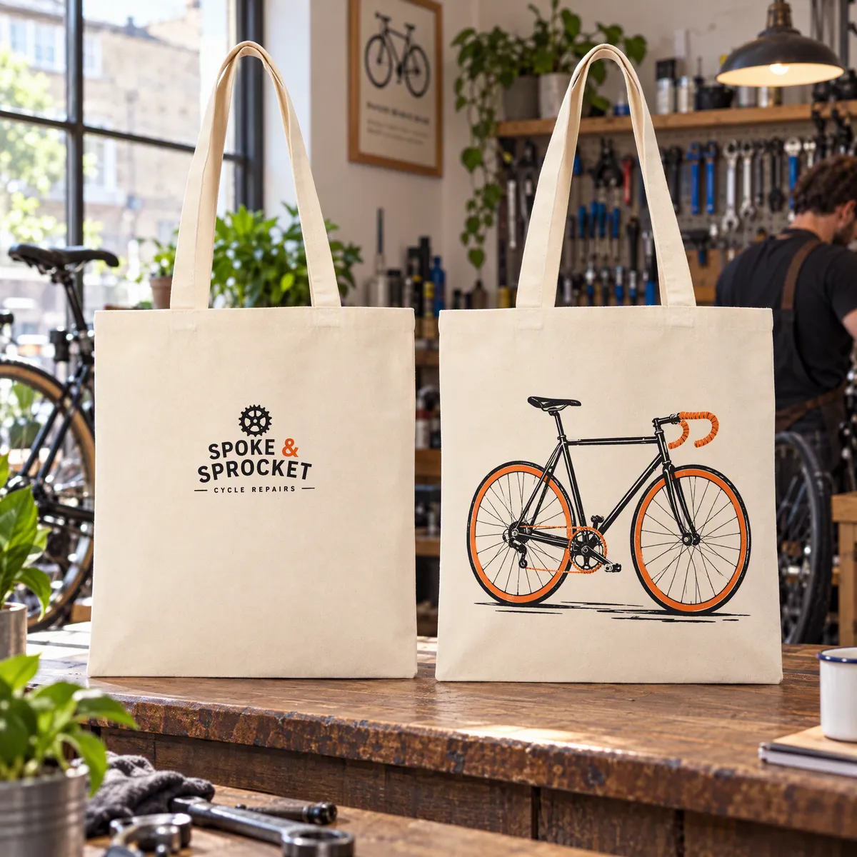 Canvas tote showing a small logo on the front and a large illustration on the back