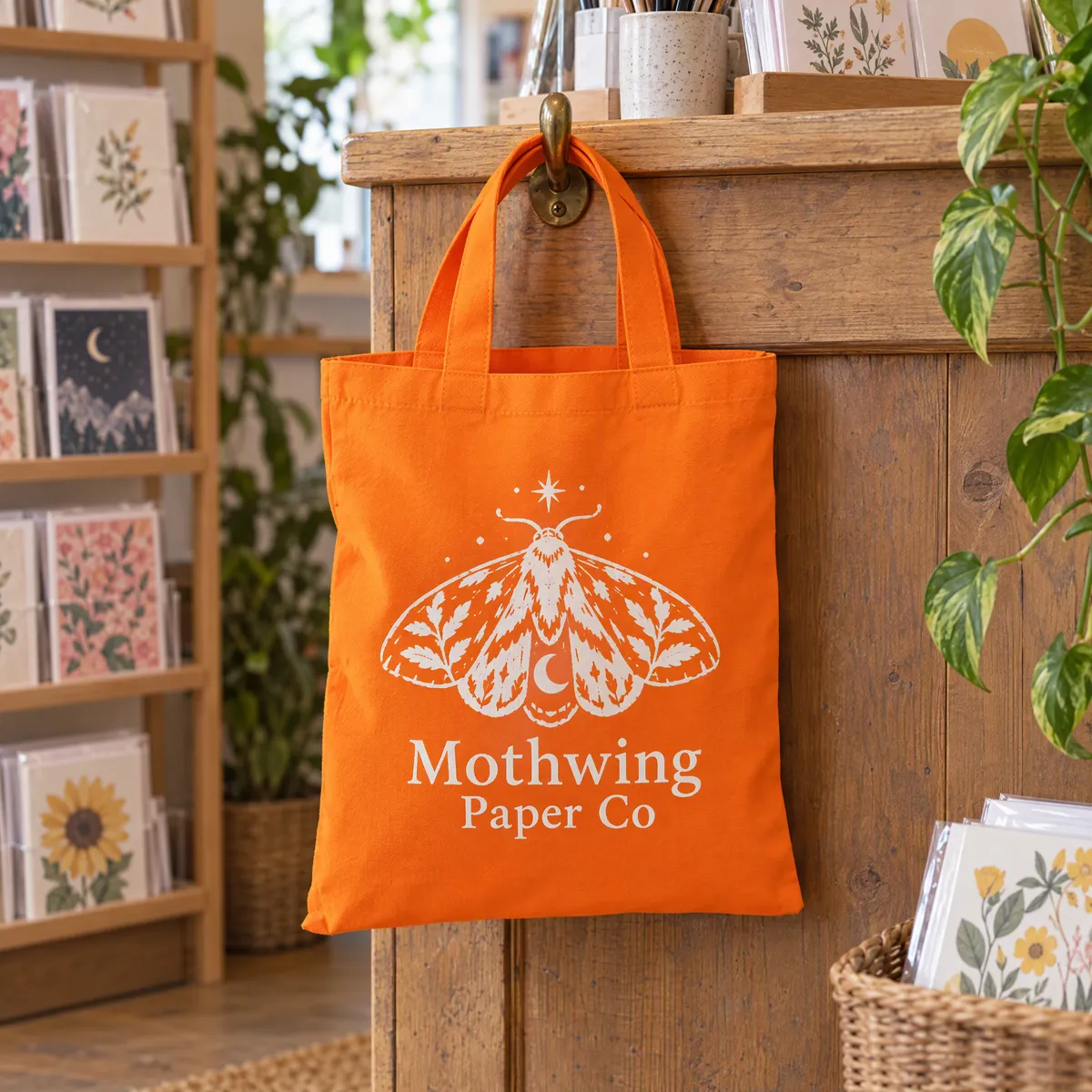 Small orange cotton bag printed in white hanging at a gift shop counter