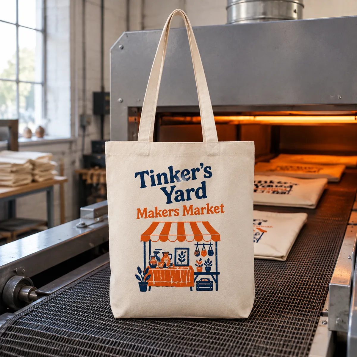Printed canvas tote bags passing through a dryer to cure the ink