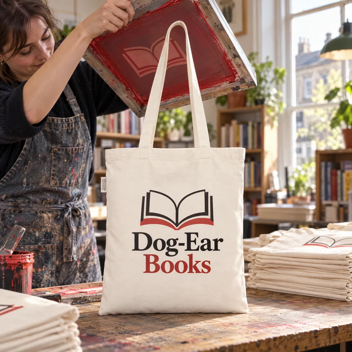 Printer lifting a screen to reveal a freshly printed two-colour design on a natural tote bag